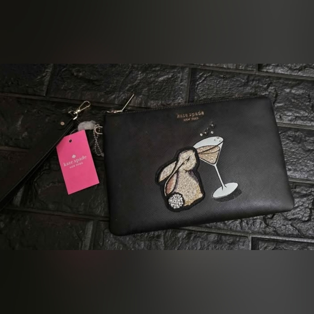 Kate Spade Black Champagne Bunny Wristlet/ New With Tag